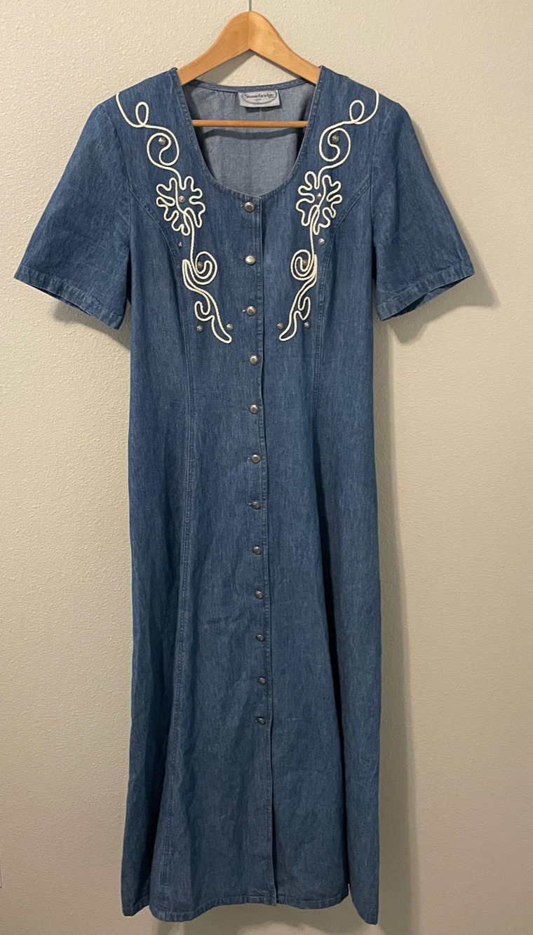 VTG Stonebridge Dress Womens Large Denim Embroidered Western Lace Up Maxi 90s